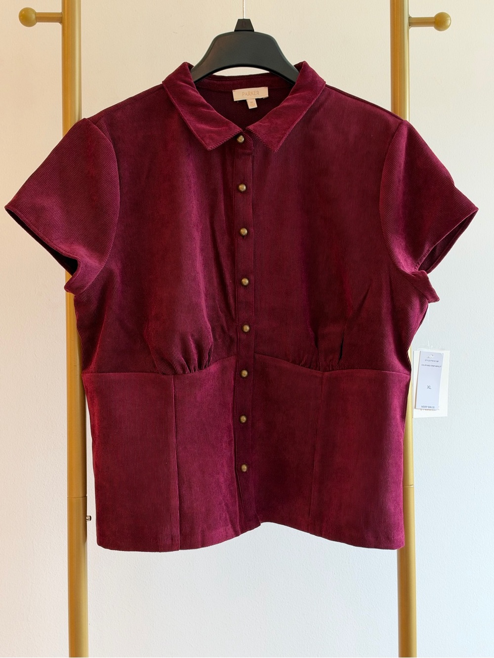 Parker Short-Sleeve Button-Front Top in Burgundy